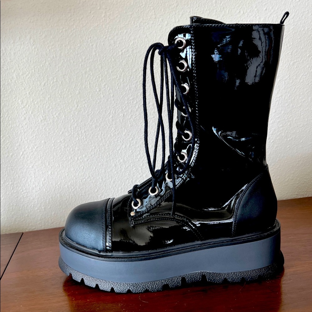 Demonia Slacker-220-1 Black Vegan Patent Platform Boots (New - NO box) - Picture 8 of 10